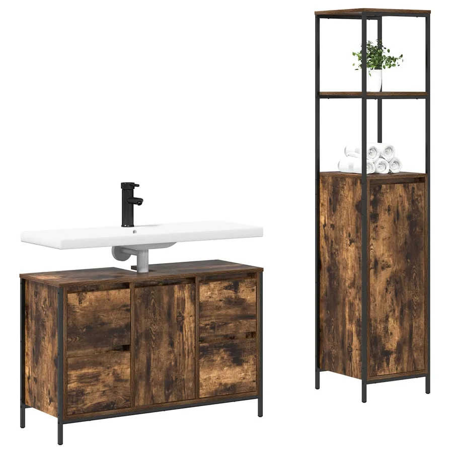 Ensemble de mobilier de salle de bain 2 pcs Chêne fumé et noir - 2