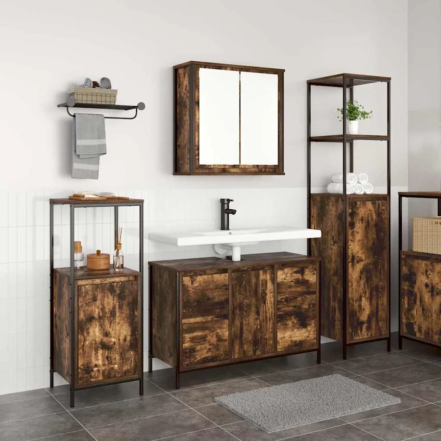 Ensemble de mobilier de salle de bain 3 pcs Chêne fumé et noir
