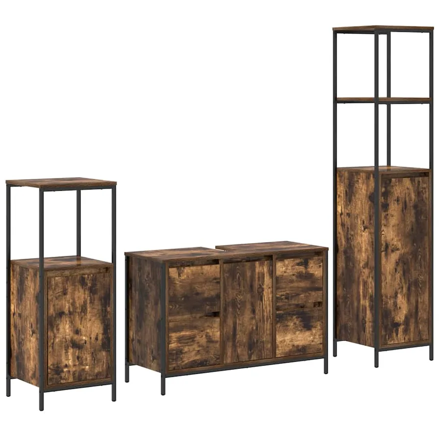 Ensemble de mobilier de salle de bain 3 pcs Chêne fumé et noir - 2