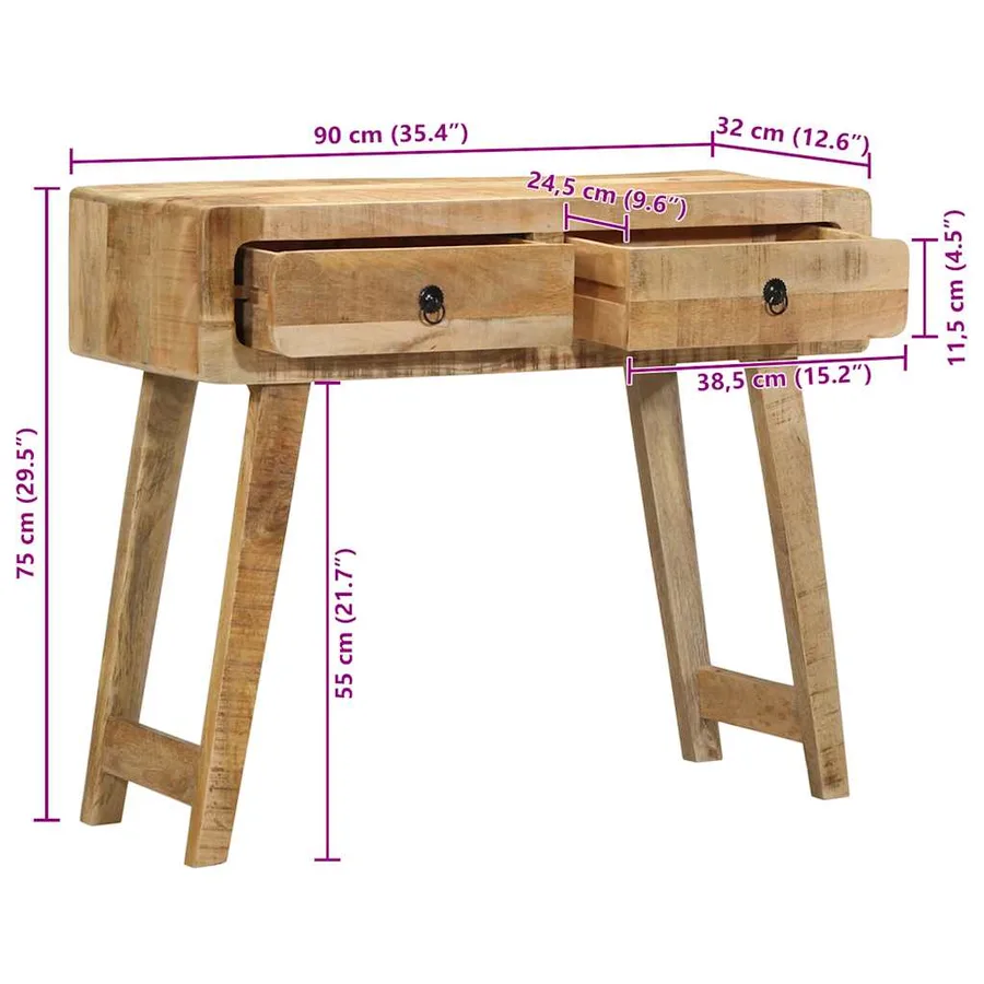 Table console 90x32x75 cm bois massif de manguier brut - 11