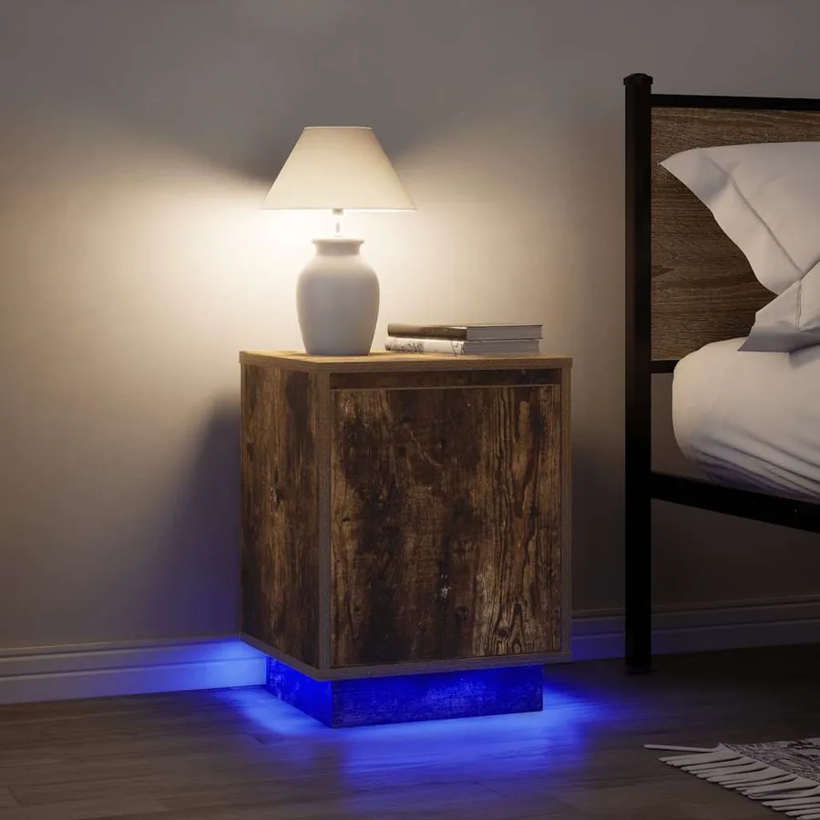 Tables de chevet avec lumières LED 2 pcs chêne fumé 38x34x50 cm