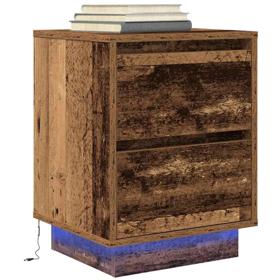 Table de chevet avec lumières LED vieux bois 38x34x50 cm