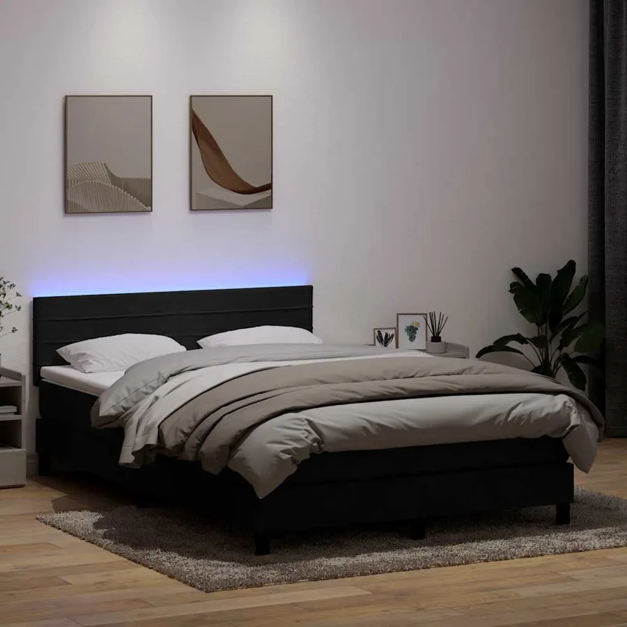 Sommier à lattes de lit avec matelas et LED noir 140x220 cm velours