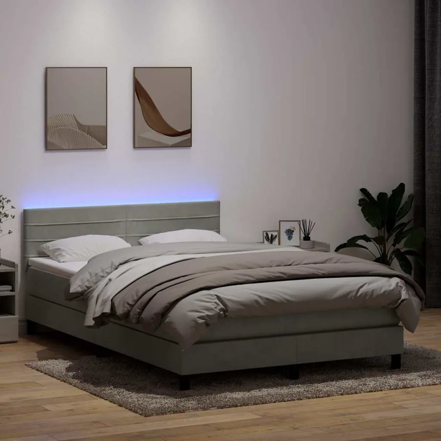 Sommier à lattes de lit et matelas et LED gris clair 160x220cm velours