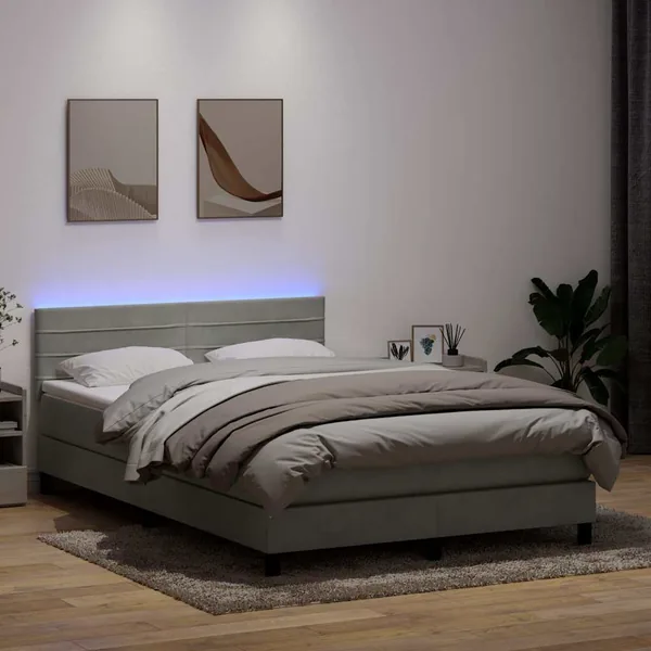 Sommier à lattes de lit et matelas et LED gris clair 160x220cm velours