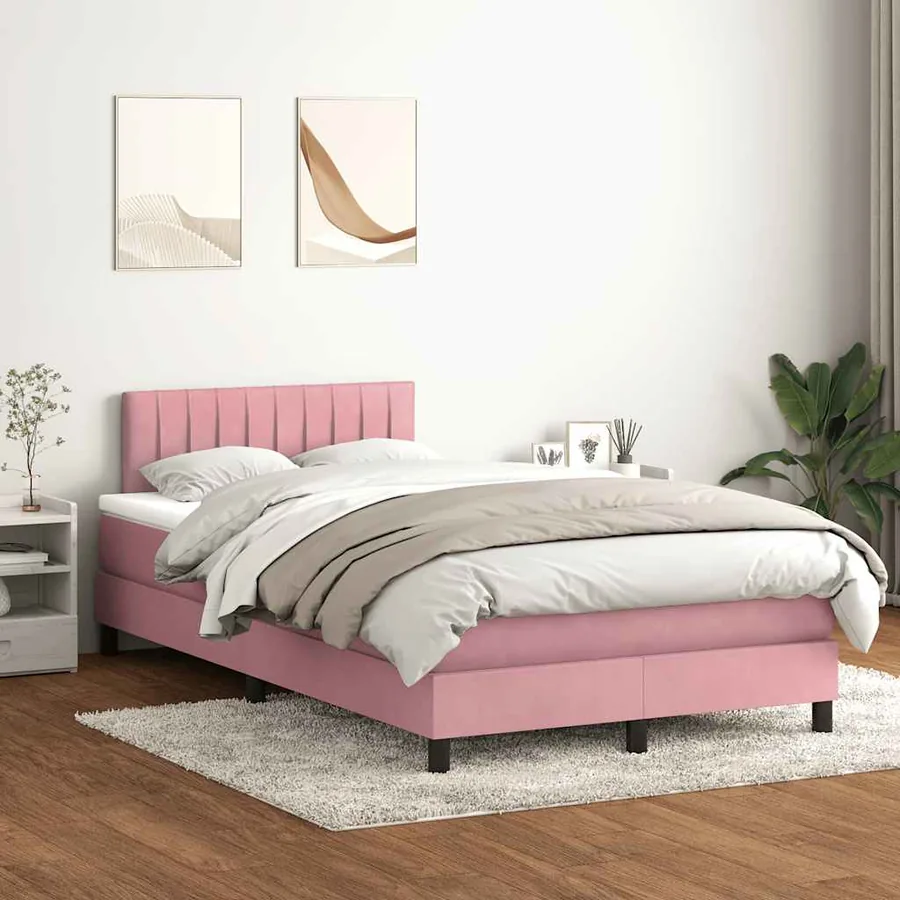 Sommier à lattes de lit avec matelas et LED rose 120x220 cm velours