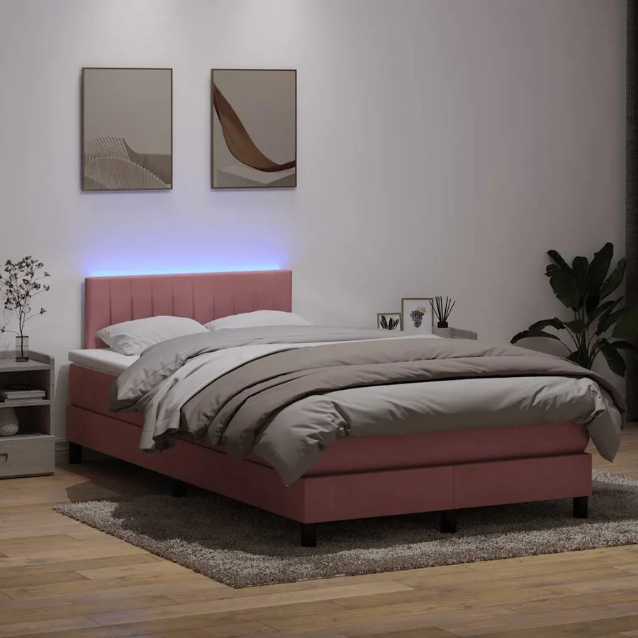 Sommier à lattes de lit avec matelas et LED rose 120x220 cm velours - 4