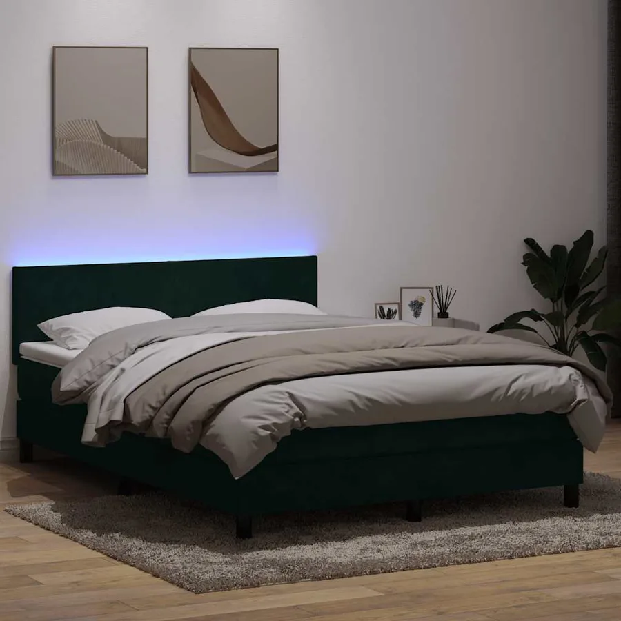 Sommier à lattes de lit et matelas et LED vert foncé 160x220cm velours - 4