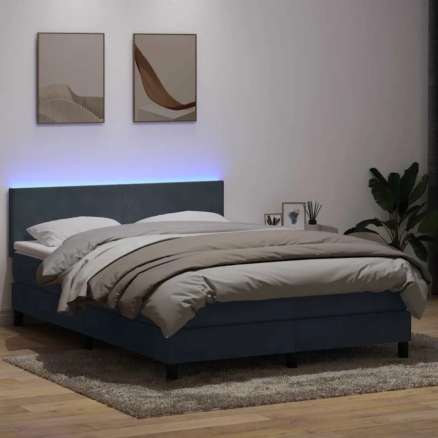 Sommier à lattes de lit et matelas et LED gris foncé 160x220cm velours - 4