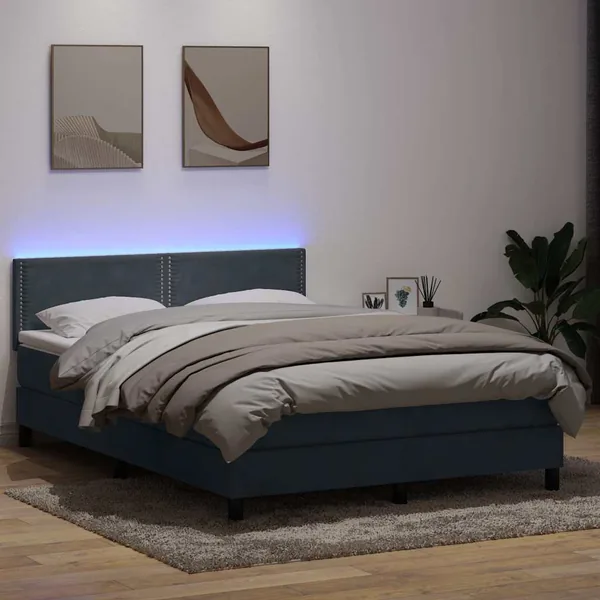Sommier à lattes de lit et matelas et LED gris foncé 160x220cm velours