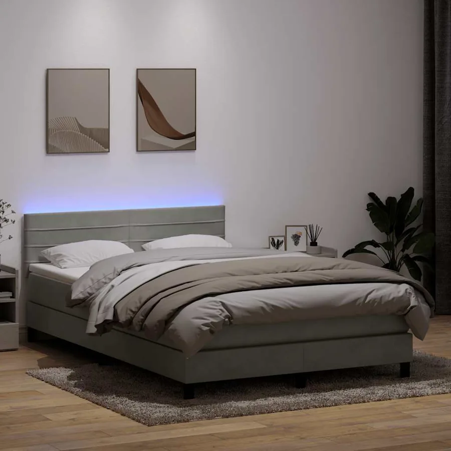 Sommier à lattes de lit et matelas et LED gris clair 140x220cm velours