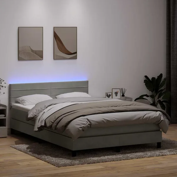 Sommier à lattes de lit et matelas et LED gris clair 140x220cm velours