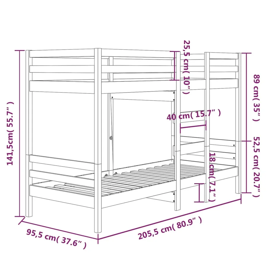 Lit superposé sans matelas 90x200 cm bois de pin massif - 8