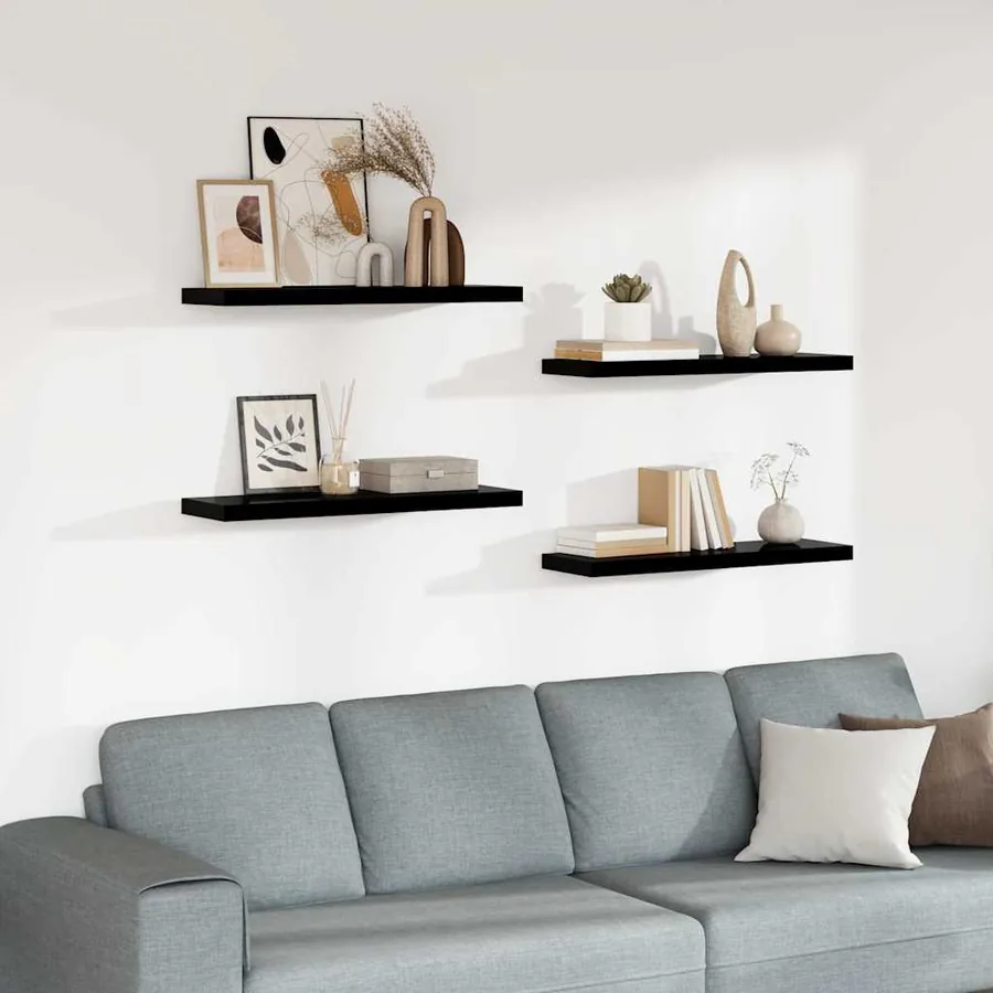 Étagère murale flottante 4 pcs Noir brillant 80x23,5x3,8 cm MDF