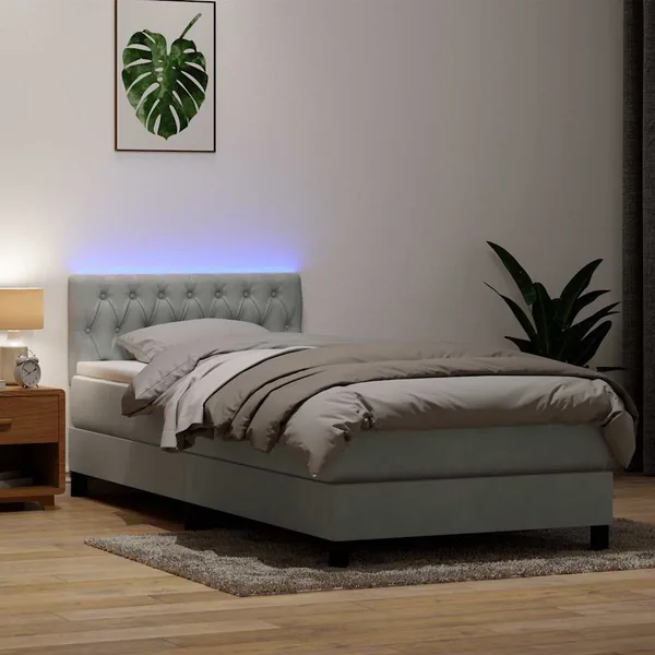 Sommier à lattes de lit et matelas et LED gris clair 100x220cm velours