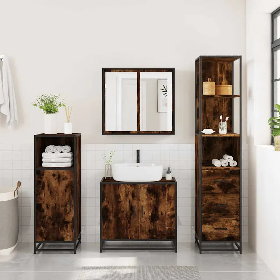 Armoire de salle de bain chêne fumé 35x37,5x166 cm - 3
