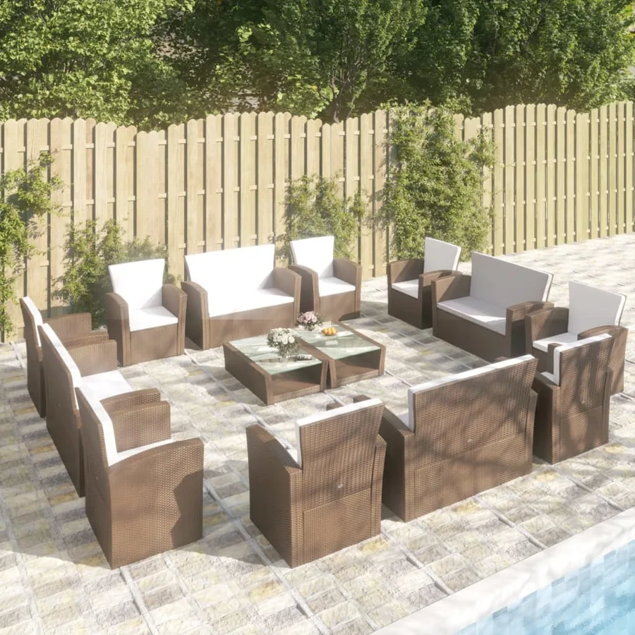 Salon de jardin 16 pcs avec coussins Résine tressée Marron