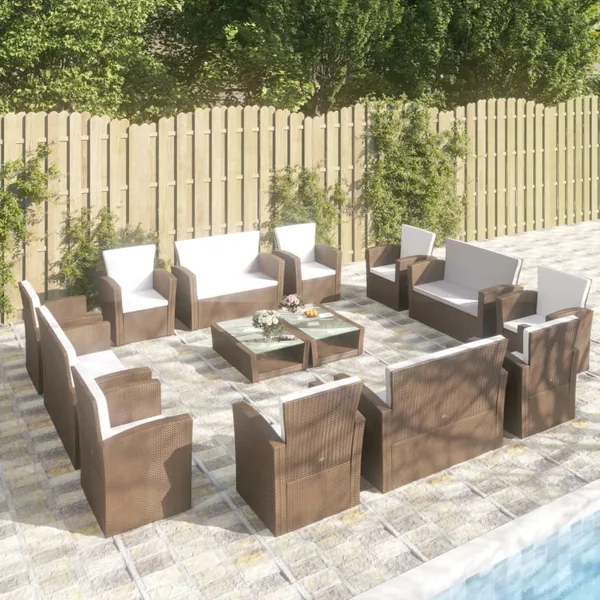 Salon de jardin 16 pcs avec coussins Résine tressée Marron
