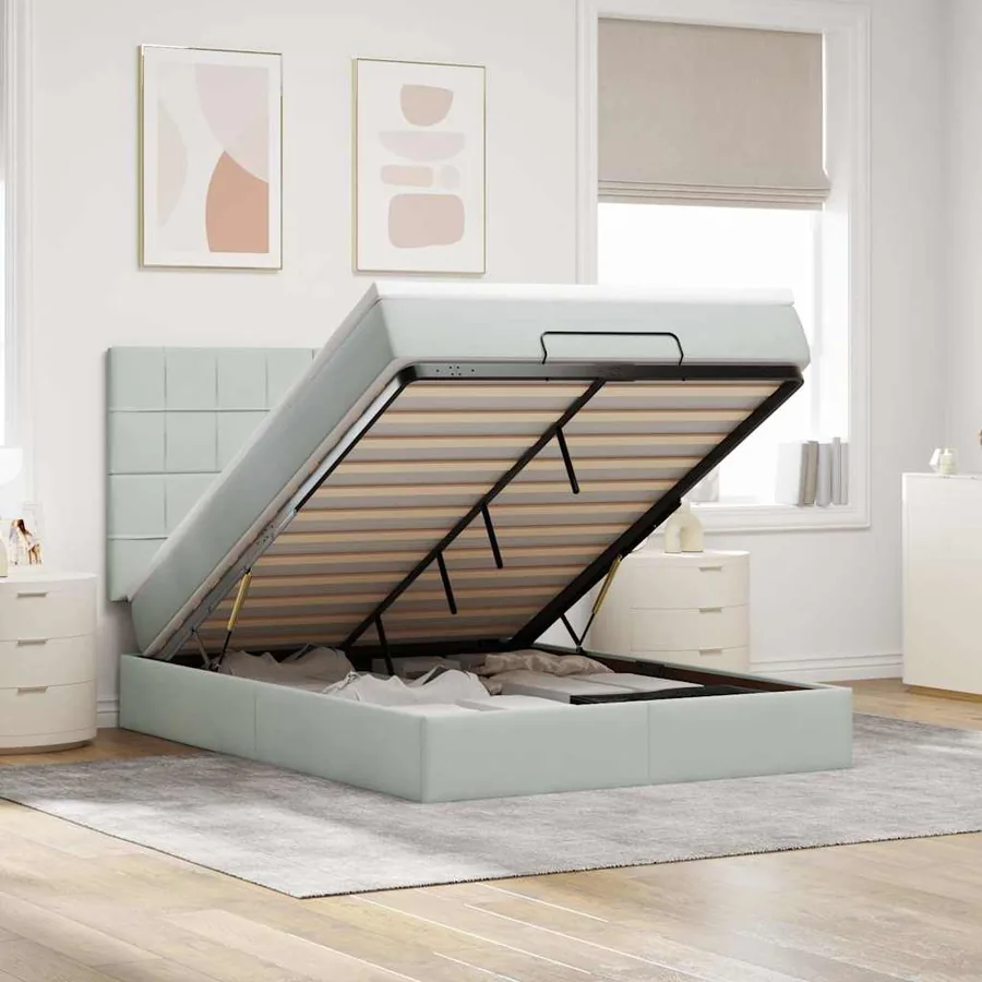 Cadre de lit ottoman et matelas gris clair 140x190 velours