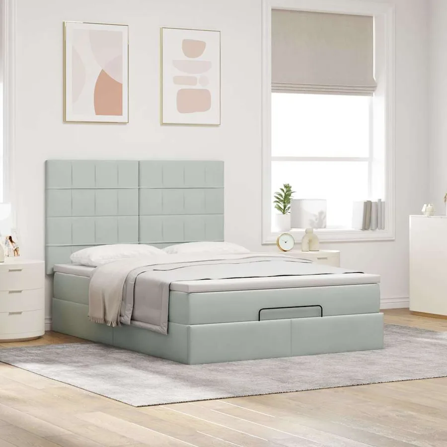 Cadre de lit ottoman et matelas gris clair 140x190 velours - 3
