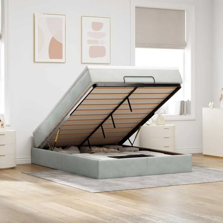 Cadre de lit ottoman et matelas gris clair 140x190 velours
