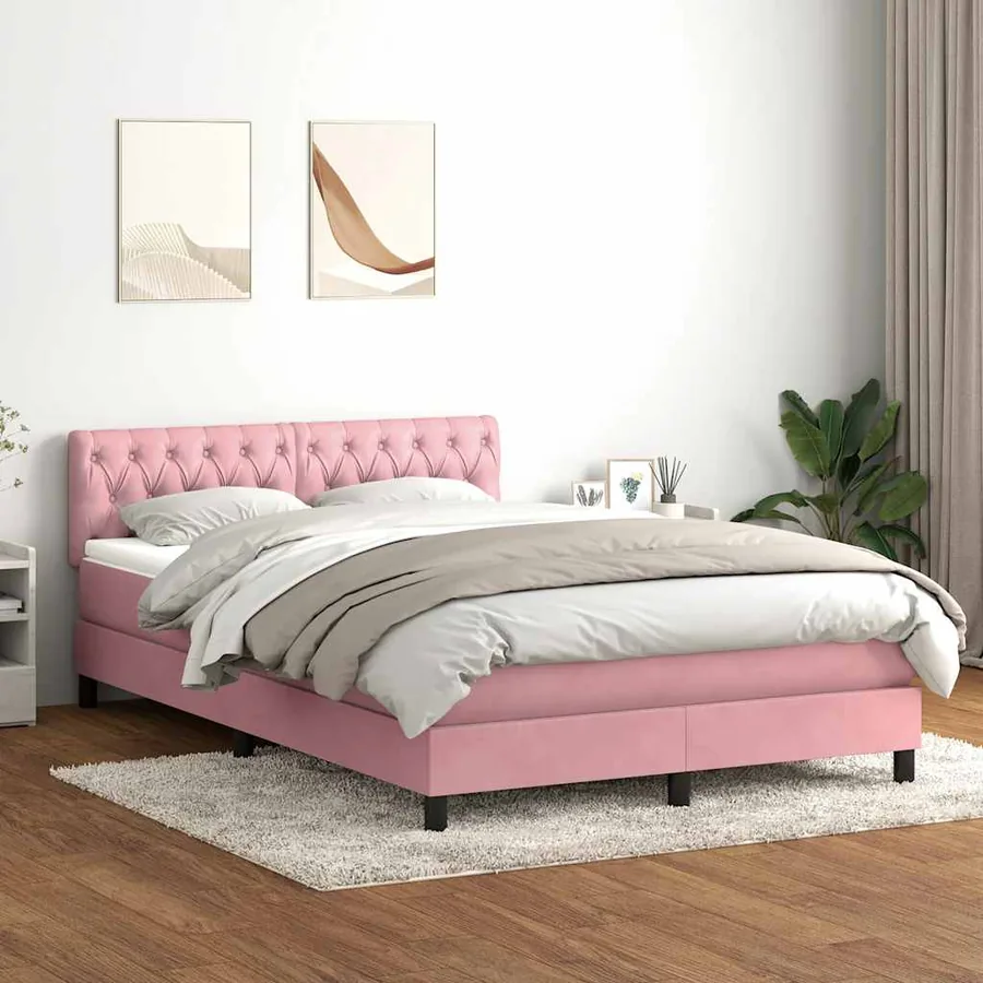 Sommier à lattes de lit avec matelas et LED rose 140x210 cm velours