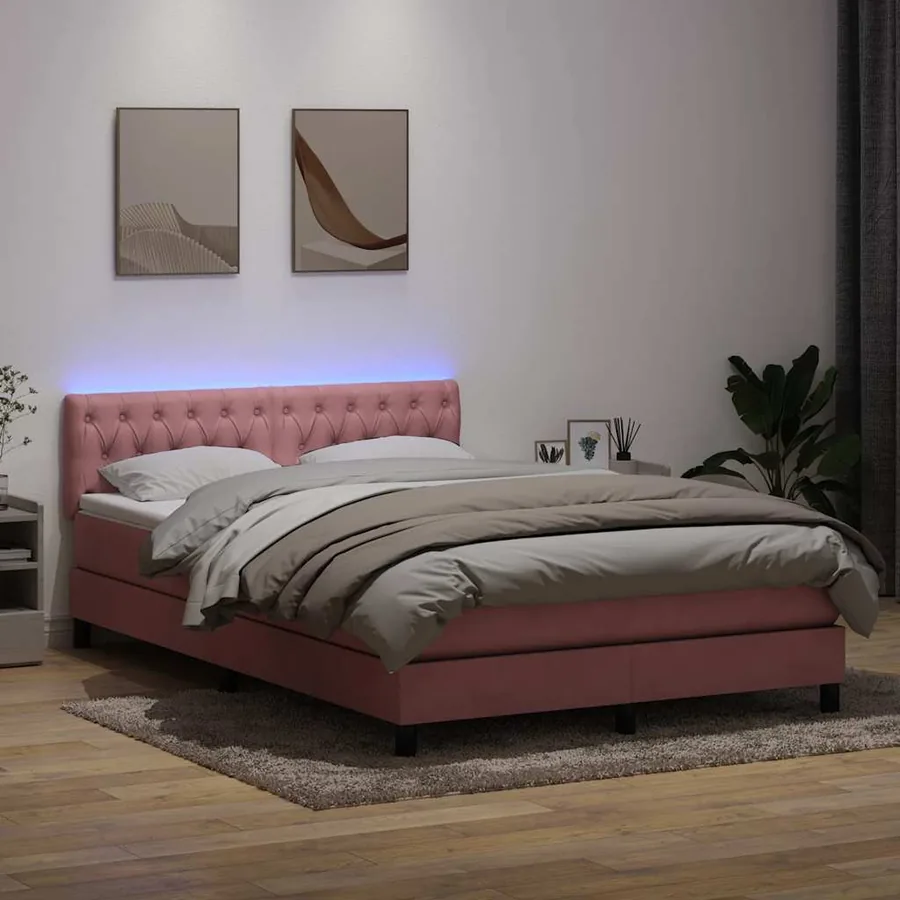 Sommier à lattes de lit avec matelas et LED rose 140x210 cm velours - 4