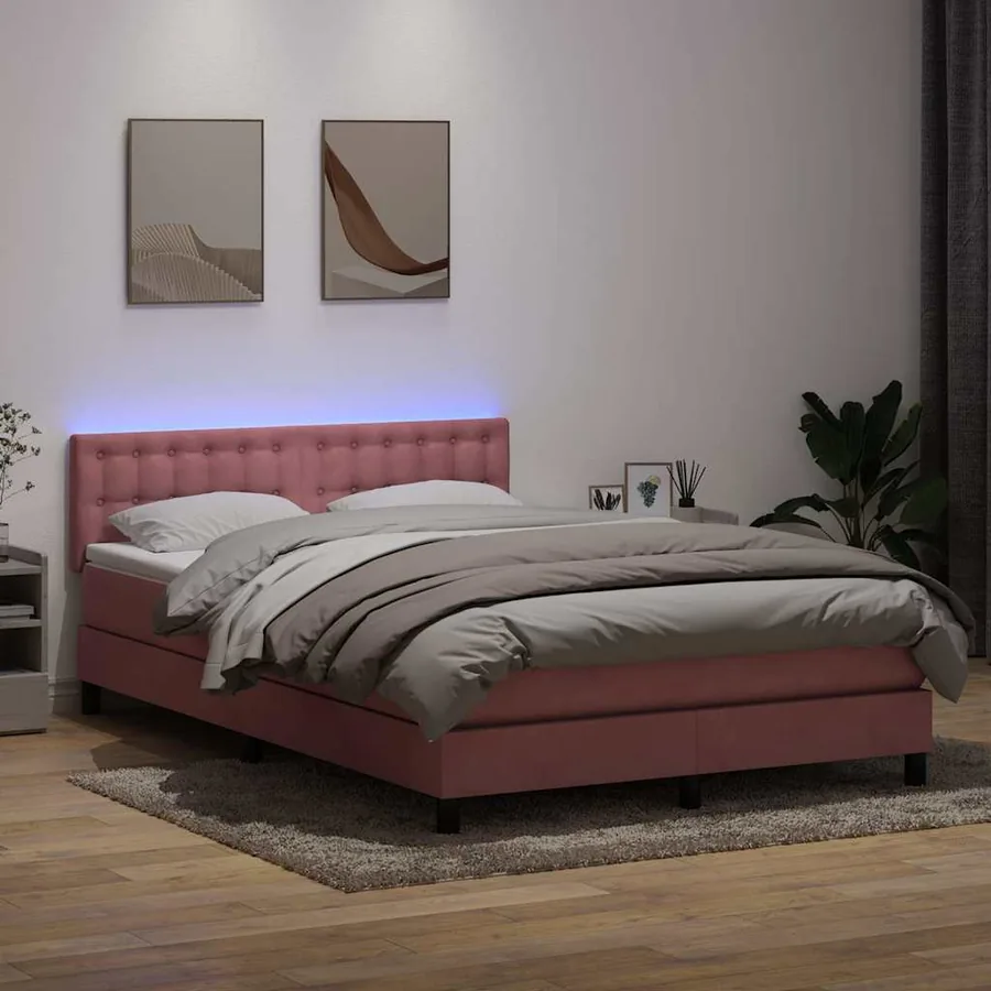 Sommier à lattes de lit avec matelas et LED rose 140x210 cm velours