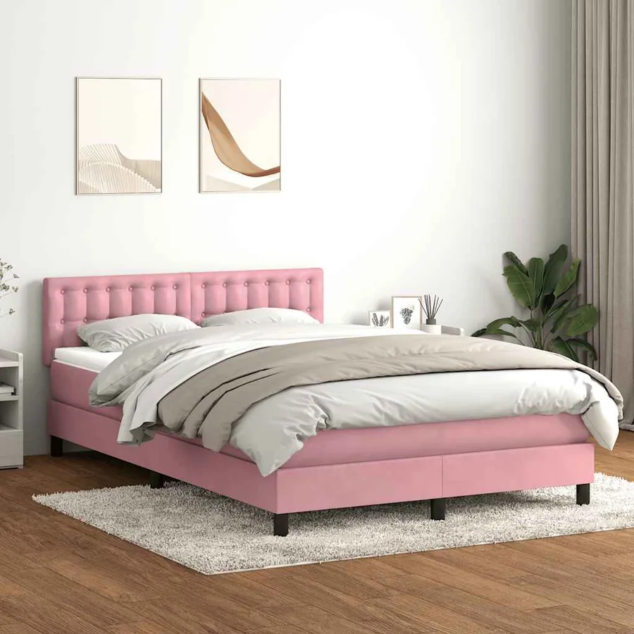 Sommier à lattes de lit avec matelas et LED rose 140x210 cm velours - 4