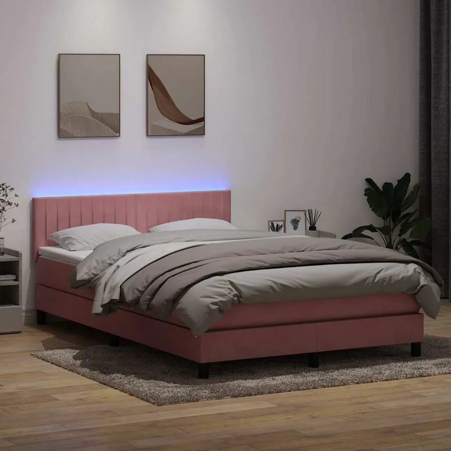 Sommier à lattes de lit avec matelas et LED rose 140x210 cm velours - 4