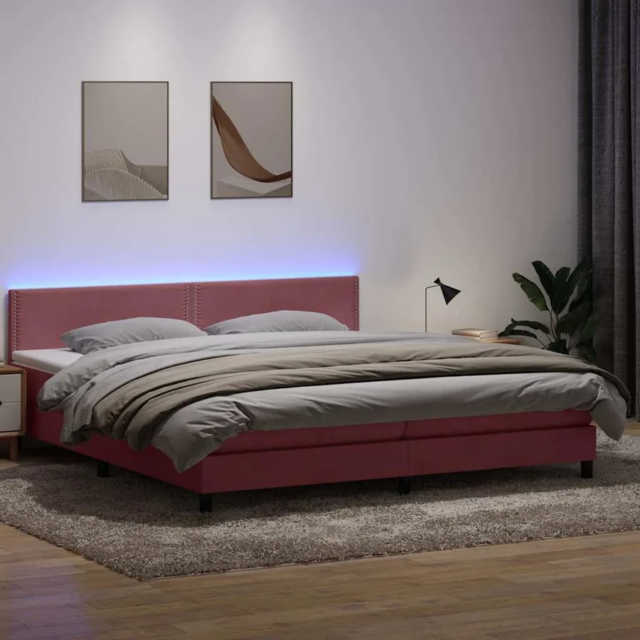 Sommier à lattes de lit avec matelas et LED rose 180x210 cm velours