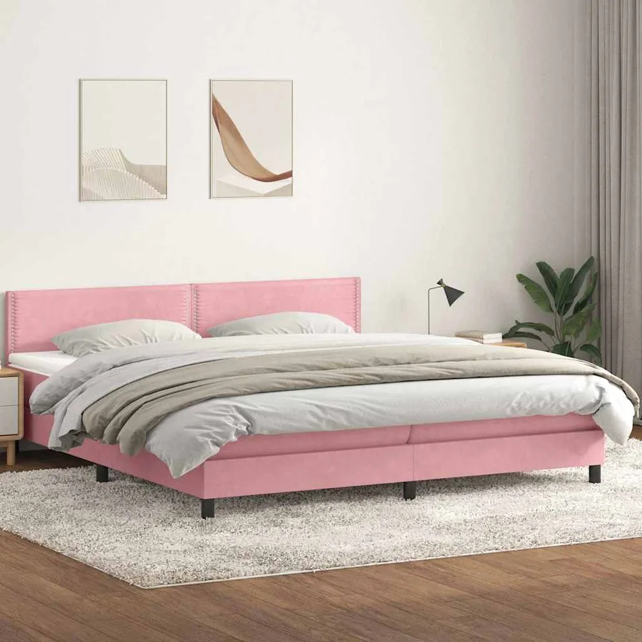 Sommier à lattes de lit avec matelas et LED rose 180x210 cm velours - 4