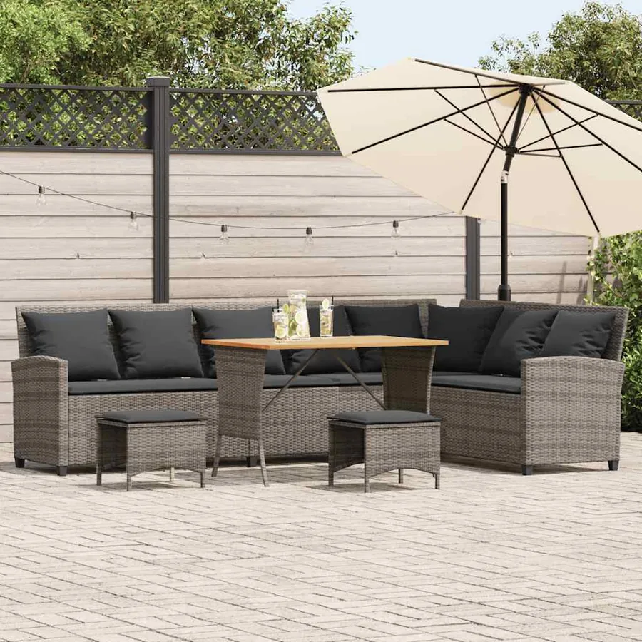 Salon de jardin 4 pcs avec coussins forme L gris résine tressée