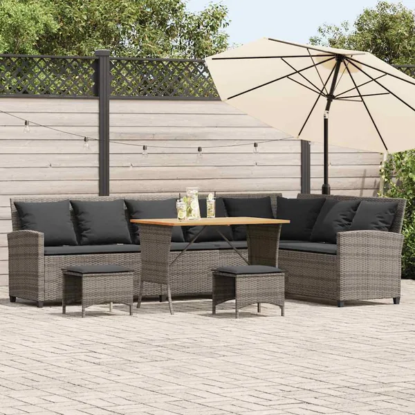 Salon de jardin 4 pcs avec coussins forme L gris résine tressée