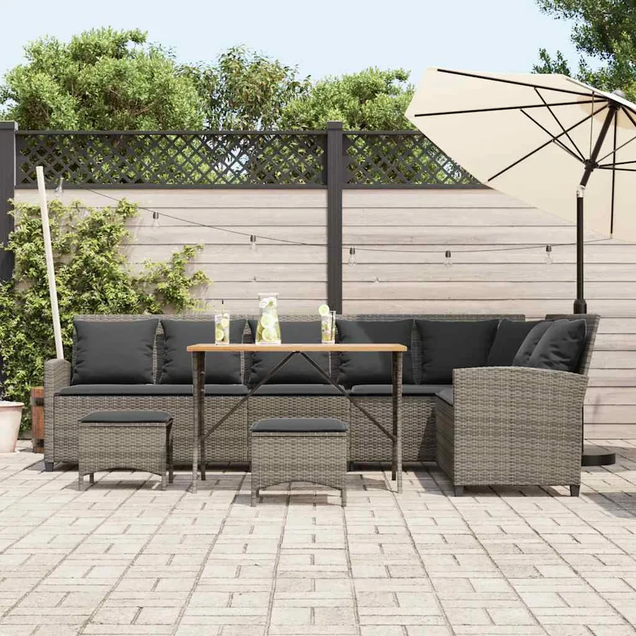 Salon de jardin 4 pcs avec coussins forme L gris résine tressée - 3