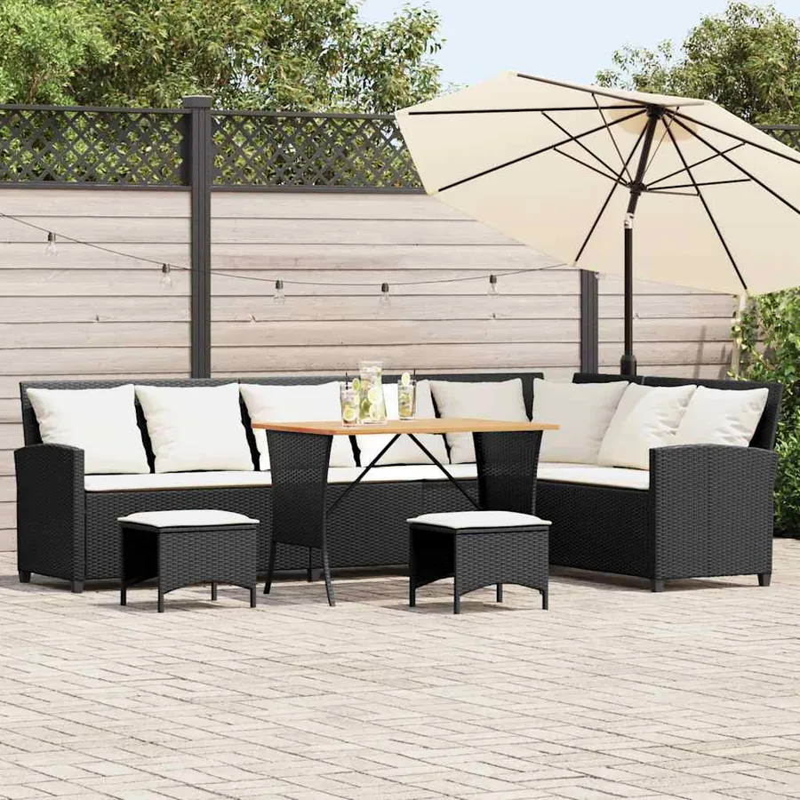 Salon de jardin 4 pcs avec coussins forme L noir résine tressée