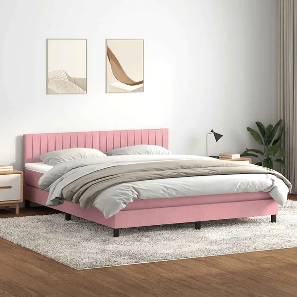 Sommier à lattes de lit avec matelas et LED rose 180x210 cm velours