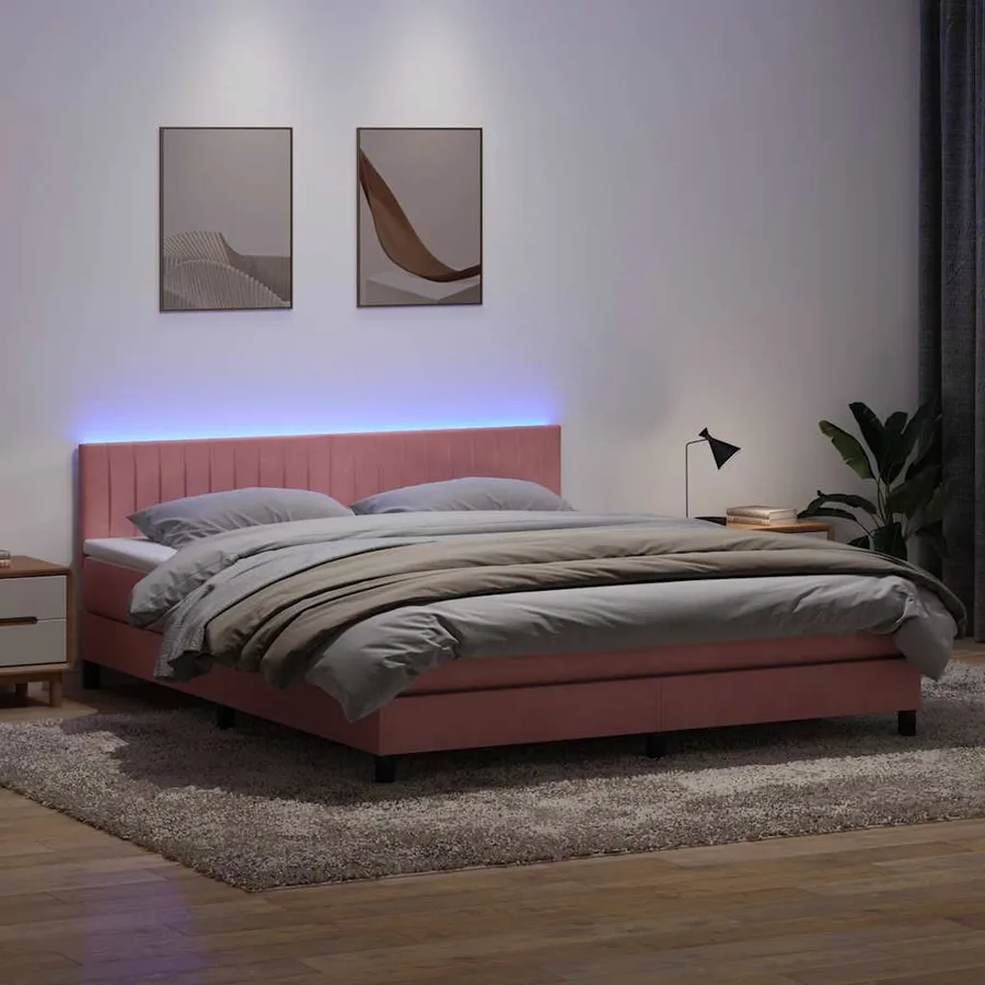 Sommier à lattes de lit avec matelas et LED rose 180x210 cm velours - 4