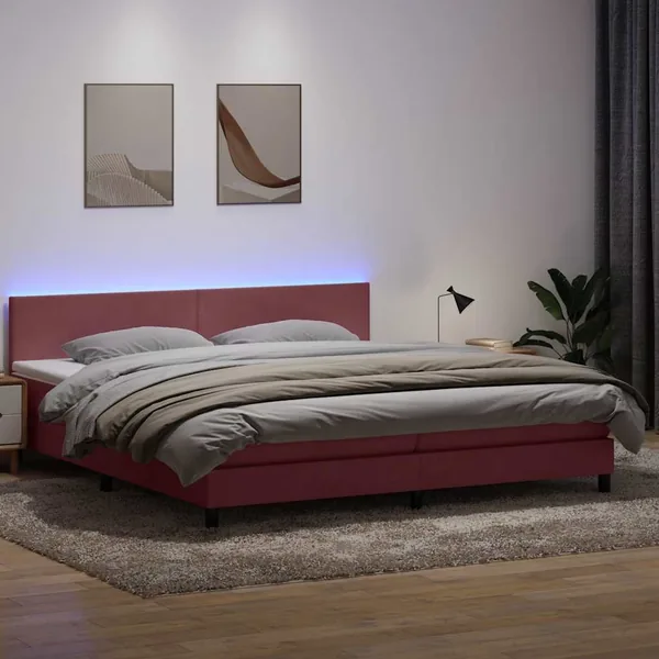 Sommier à lattes de lit avec matelas et LED rose 180x210 cm velours