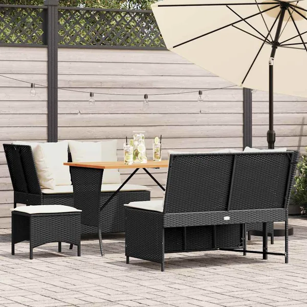 Salon de jardin 5 pcs avec coussins noir résine tressée