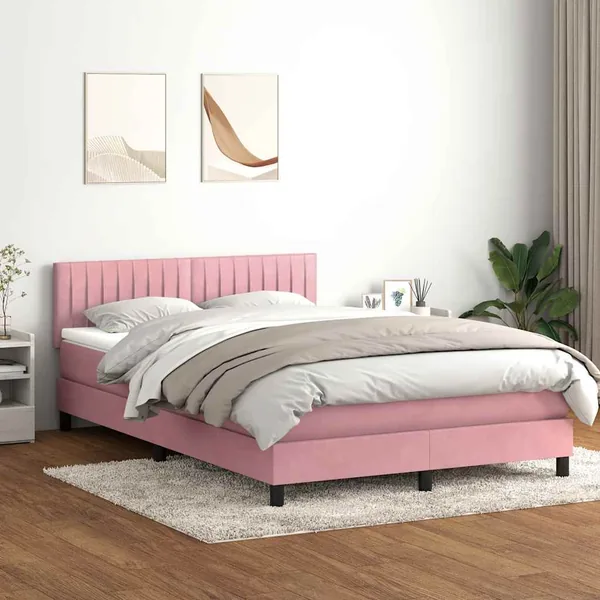 Sommier à lattes de lit avec matelas et LED rose 160x210 cm velours