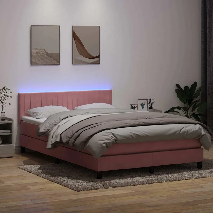 Sommier à lattes de lit avec matelas et LED rose 160x210 cm velours - 4