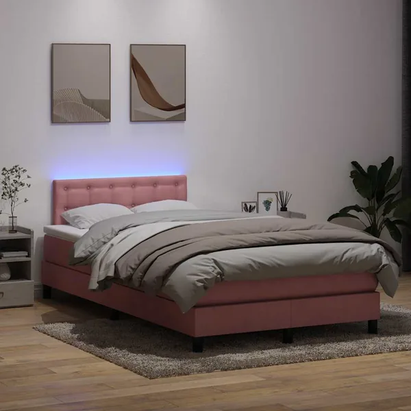 Sommier à lattes de lit avec matelas et LED rose 120x210 cm velours