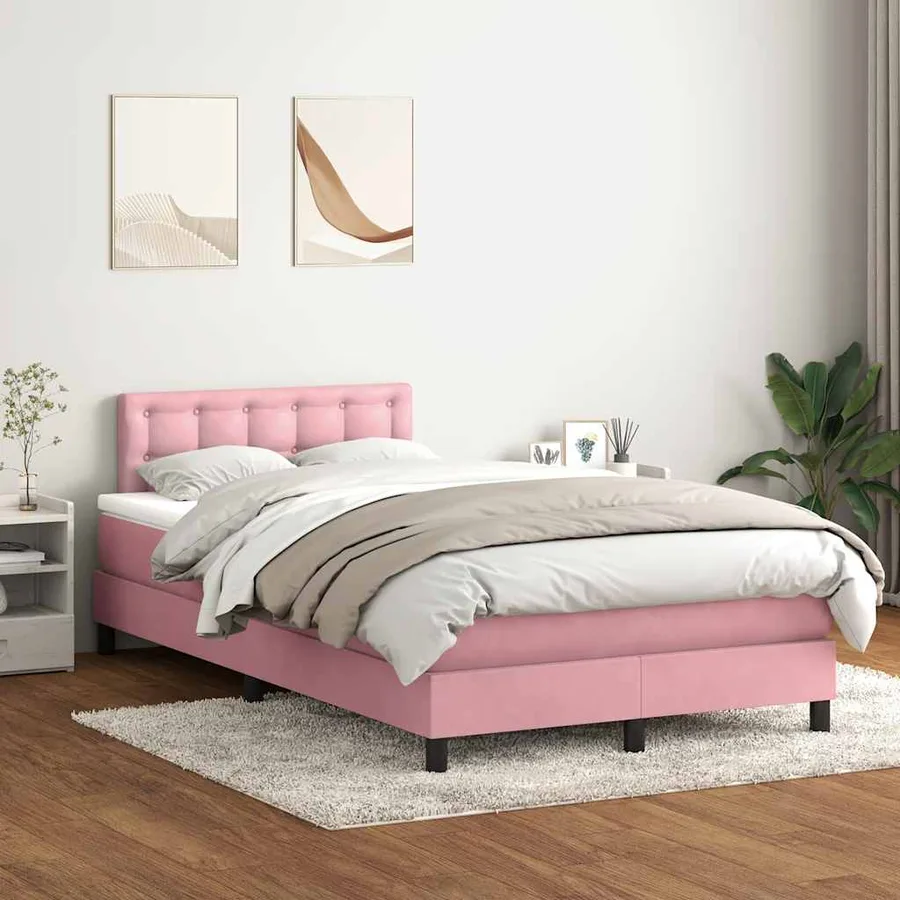 Sommier à lattes de lit avec matelas et LED rose 120x210 cm velours - 4