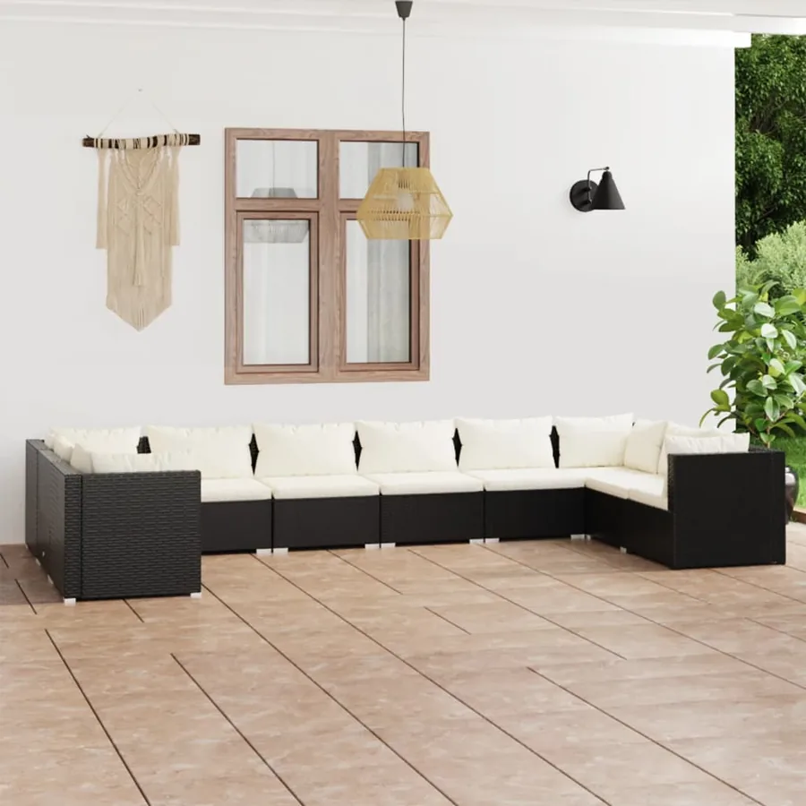 Salon de jardin 10 pcs avec coussins Résine tressée Noir