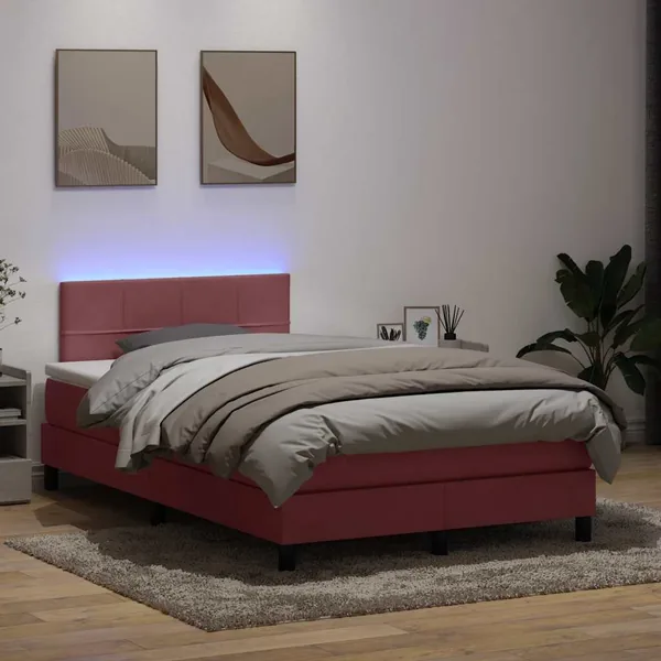 Sommier à lattes de lit avec matelas et LED rose 120x210 cm velours