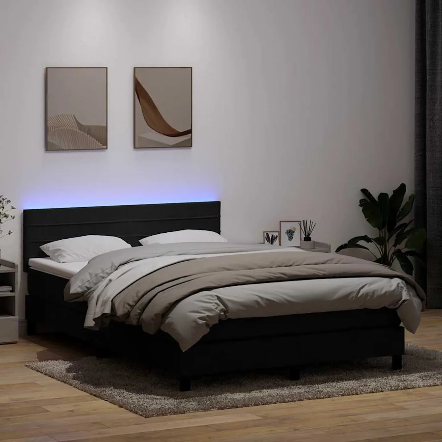 Sommier à lattes de lit avec matelas et LED noir 160x210 cm velours