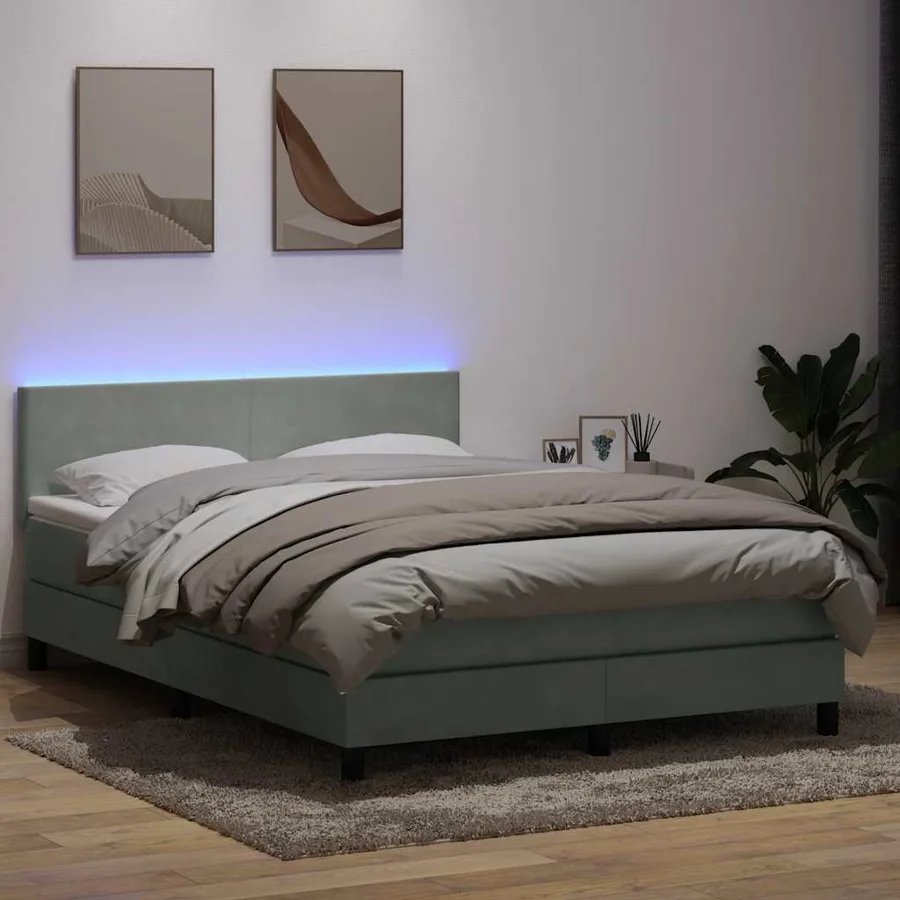 Sommier à lattes de lit et matelas et LED gris clair 160x210cm velours - 4
