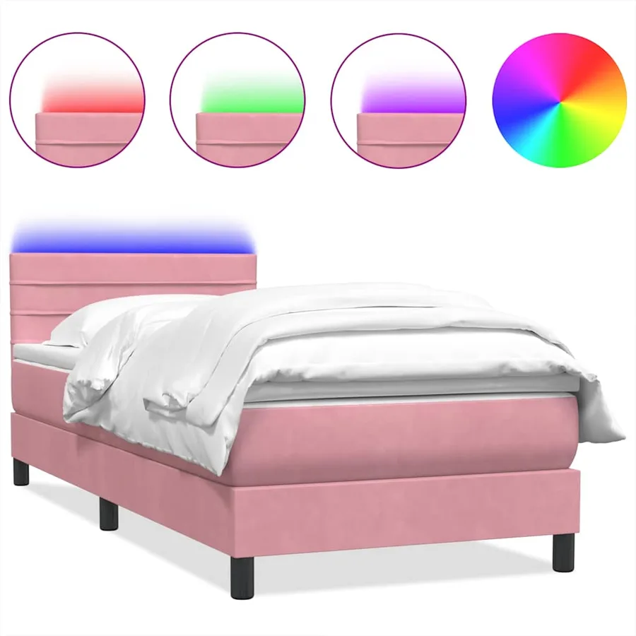 Sommier à lattes de lit avec matelas et LED rose 80x220 cm velours - 2
