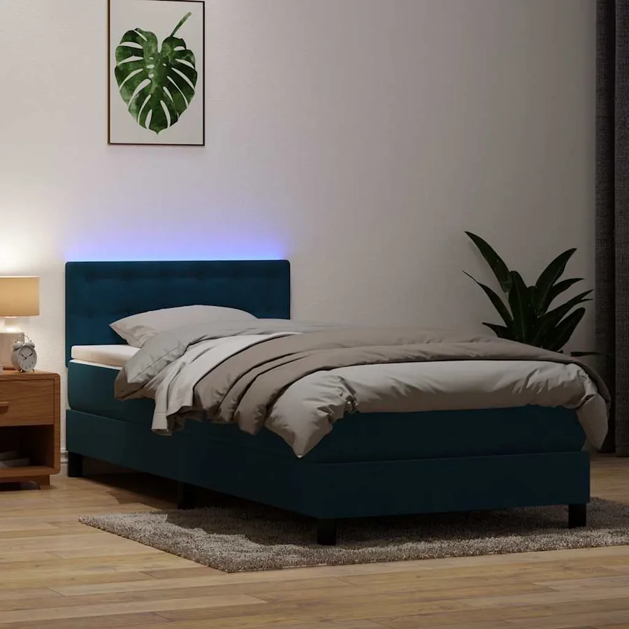 Sommier à lattes de lit et matelas et LED bleu foncé 80x220 cm velours